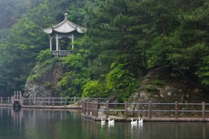Framed Print : Pavilion with lake in the mountain, Tiantai Mountain, Zhejiang Province, China Framed Print : Pavilion with lake in the mountain, Tiantai Mountain, Zhejiang Province, China