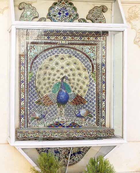 Peacock tile mosaic. City Palace. Shiw Nivas Palace. Udaipur Rajasthan. India