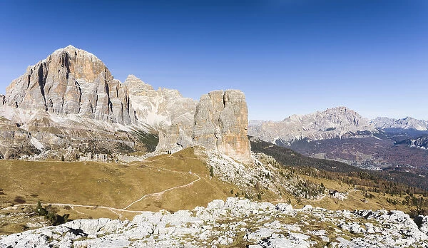 The peaks of Mount Tofane and the Cinque Torri (foreground) in the Dolomites of Cortina