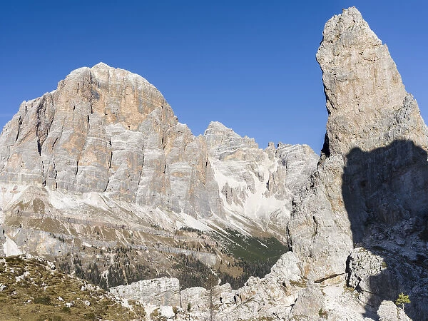The peaks of Mount Tofane and the Cinque Torri (foreground) in the Dolomites of Cortina