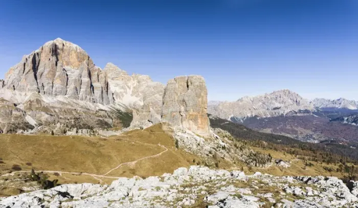 Framed Print : The peaks of Mount Tofane and the Cinque Torri (foreground) in the Dolomites of Cortina Framed Print : The peaks of Mount Tofane and the Cinque Torri (foreground) in the Dolomites of Cortina