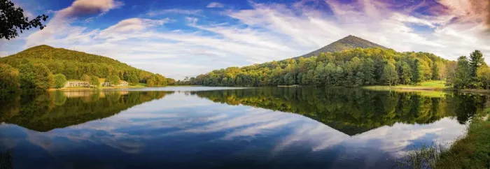 Framed Print : Peaks Of Otter lake reflections panorama, Blue Ridge Parkway, USA Framed Print : Peaks Of Otter lake reflections panorama, Blue Ridge Parkway, USA