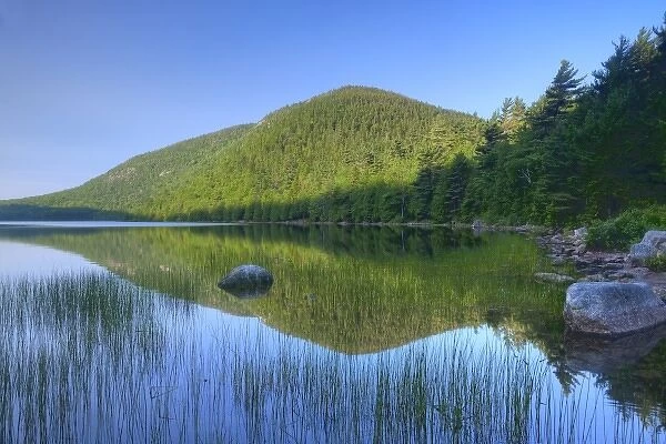Pemetic Mountain reflects into Bubble Pond at Acadia National Park, Maine, USA