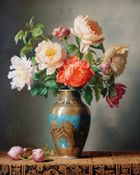 Framed Print : Peonies in porcelain vase. Painting-style. (AI Generated) Framed Print : Peonies in porcelain vase. Painting-style. (AI Generated)
