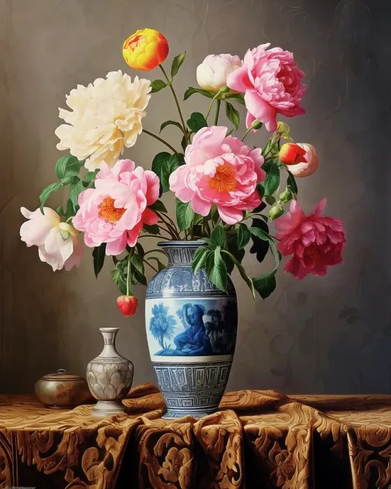 Framed Print : Peonies in porcelain vase. Painting-style. (AI Generated) Framed Print : Peonies in porcelain vase. Painting-style. (AI Generated)