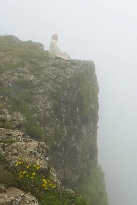 Framed Print : People on the cliff in morning mist, Simien Mountain, Ethiopia