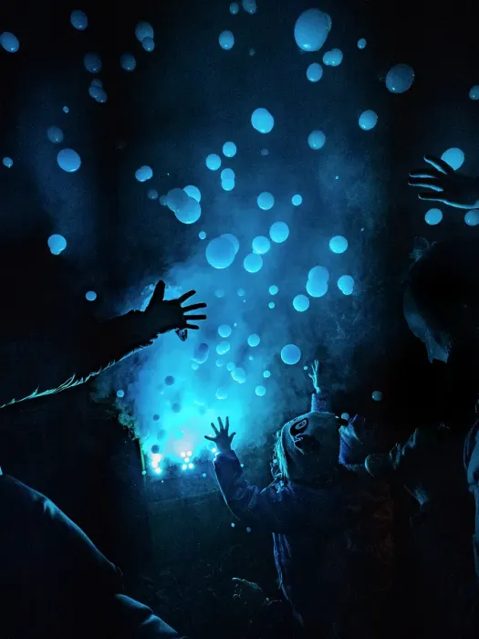 Framed Print : People at a concert reaching out to smoke bubbles