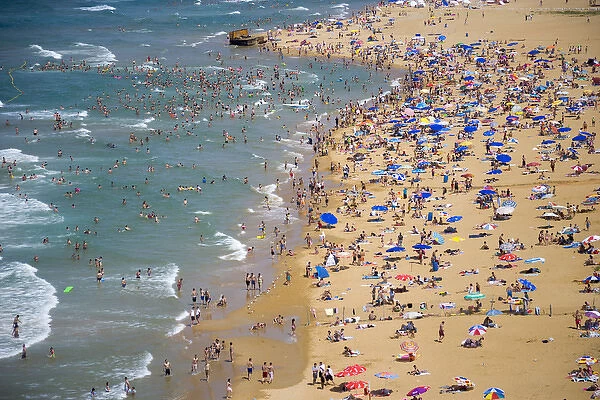 People enjoying the beach and swimming in the sea, aerial, Gumusdere, Black Sea coast of Istanbul