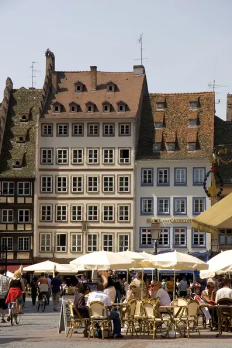 Framed Print : People gather in Cathedral Plaza and outdoor cafe at Strasbourg, France Framed Print : People gather in Cathedral Plaza and outdoor cafe at Strasbourg, France