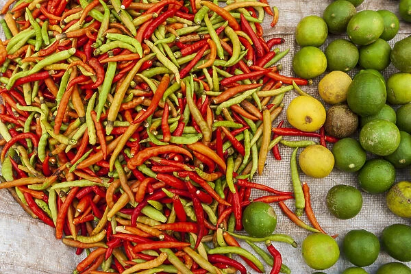 Peppers and limes at market, Vientiane, Capital of Laos, Southeast Asia