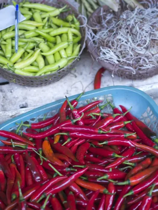 Framed Print : Peppers and other produce in a market in Hoi An, Vietnam