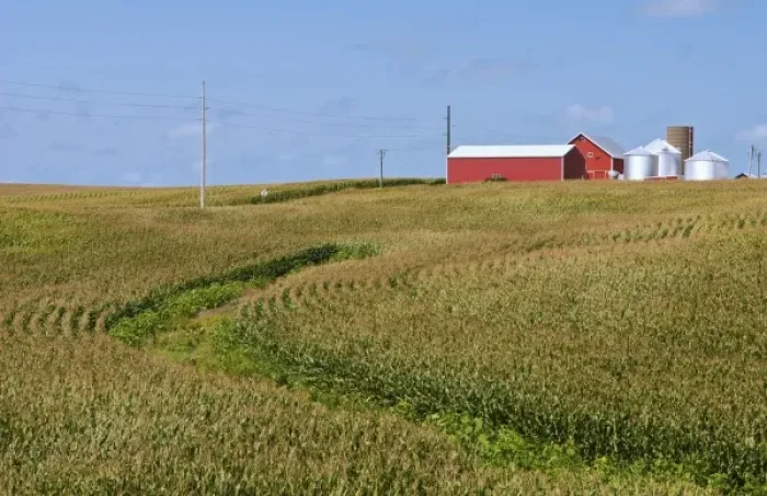 Framed Print : Perfect calendar image of farm near Dyersville Iowa with red barn and corn rows