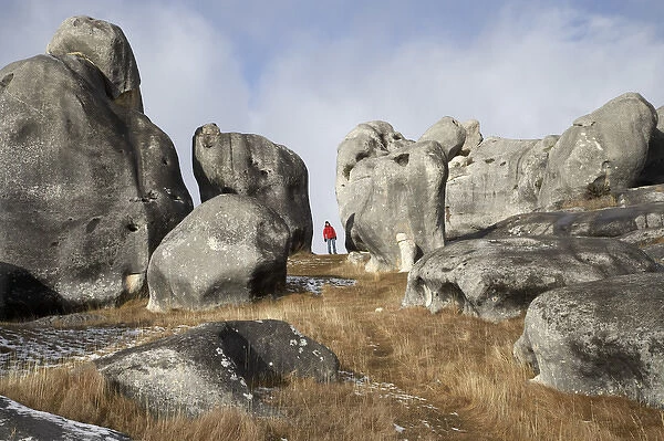 Person and Rock Formations, Castle Hill, Arthurs Pass Road, Canterbury, South Island