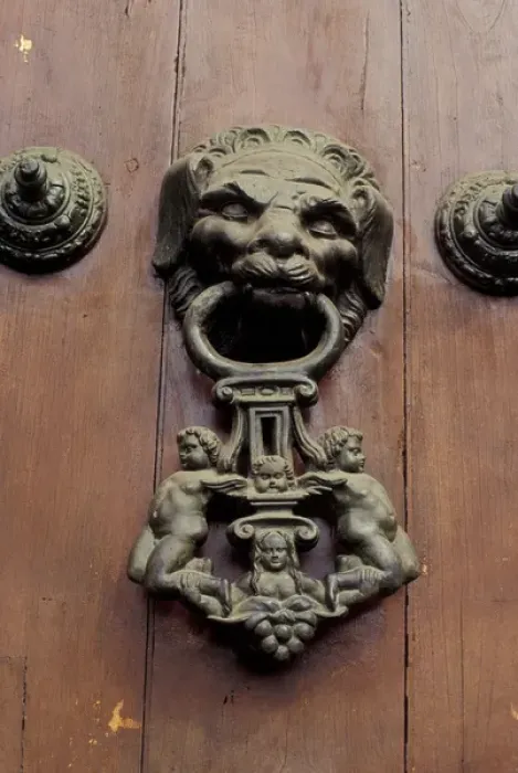 Framed Print : Peru, Lima. Bronze ornaments on the wood doors of Cathedral. Plaza de Armas