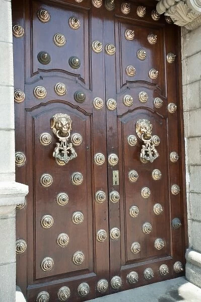 Peru, Lima. Door of the Archbishops Palace near the Basilica Cathedral of Lima