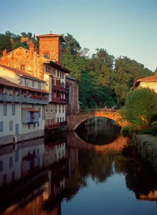 Framed Print : Petit Pont across Rive Nive, Saint-Jean-Pied-de-Port, Pyrenees Atlantiques, Pays Basque Framed Print : Petit Pont across Rive Nive, Saint-Jean-Pied-de-Port, Pyrenees Atlantiques, Pays Basque