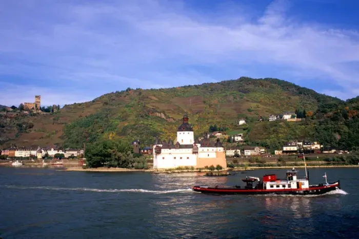 Framed Print : Pfalz Castle and Boats on Rhine River in Gutenfels Kaub Germany Framed Print : Pfalz Castle and Boats on Rhine River in Gutenfels Kaub Germany