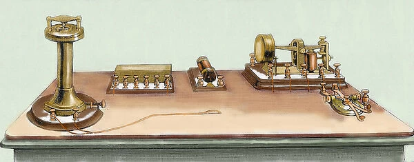 Phonoplex telegraph invented by Thomas Alva Edison (1847-1931). Engraving