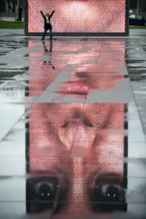 Framed Print : A photo of the Crown Fountain reflecting in puddles from recent rain in Chicago s Framed Print : A photo of the Crown Fountain reflecting in puddles from recent rain in Chicago s