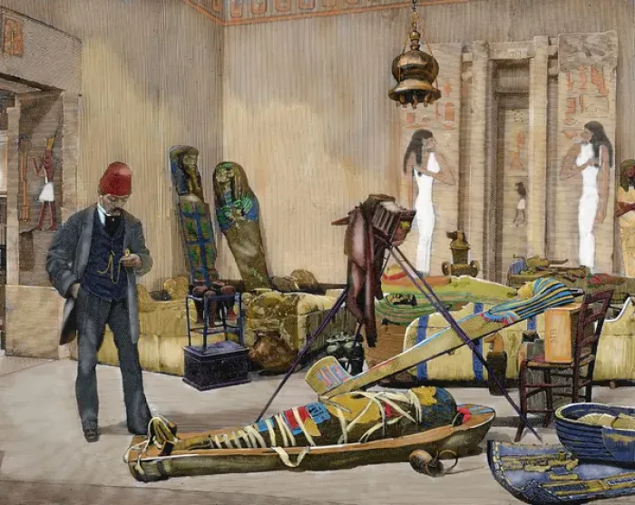 Framed Print : Photographer preparing a portrait of a mummy. Nineteenth-century colored engraving Framed Print : Photographer preparing a portrait of a mummy. Nineteenth-century colored engraving
