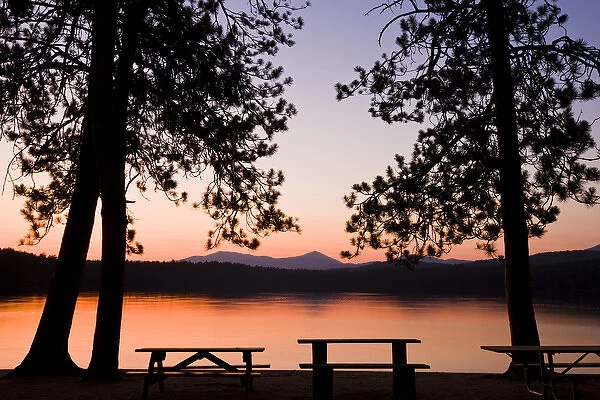 Picnic benches after sunset at White Lake State Park in Tamworth, New Hampshire
