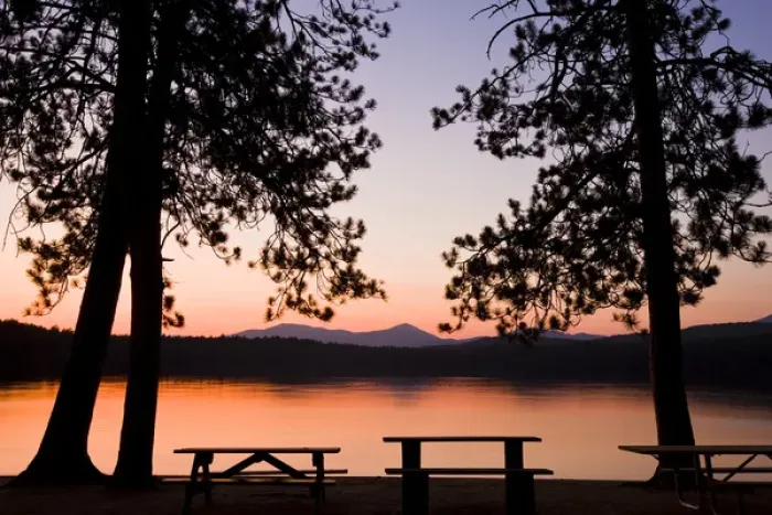 Framed Print : Picnic benches after sunset at White Lake State Park in Tamworth, New Hampshire Framed Print : Picnic benches after sunset at White Lake State Park in Tamworth, New Hampshire