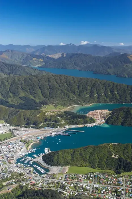 Framed Print : Picton, Marlborough Sounds, South Island, New Zealand - aerial Framed Print : Picton, Marlborough Sounds, South Island, New Zealand - aerial