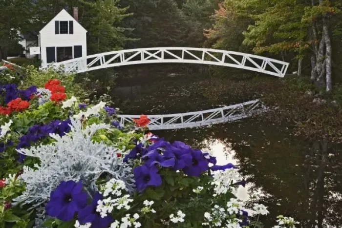 Framed Print : Picturesque footbridge and flowers, Somesville, Mount Desert Island, Maine