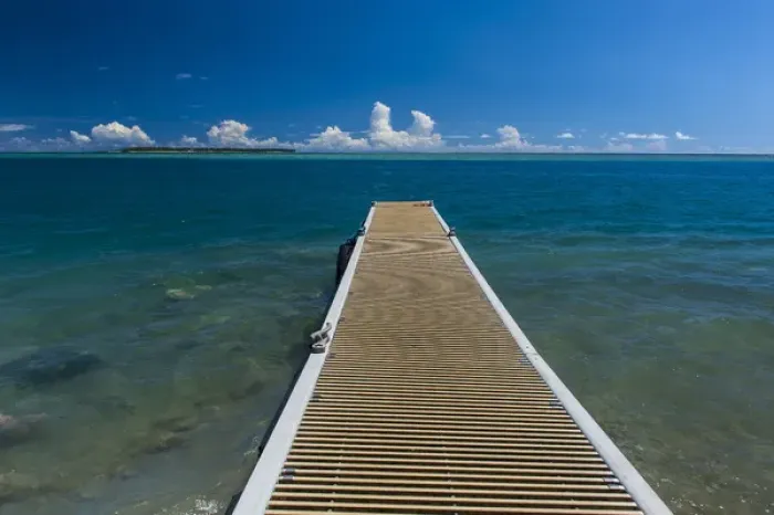 Framed Print : Pier with Ccocs island in the background, Guam, US Territory, Central Pacific