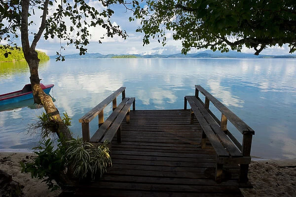 Pier of an ecolodge above the water of the Marovo Lagoon, Salomon Islands, Pacific