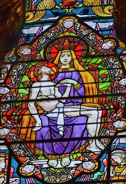 Framed Print : Pieta Virgin Mary Crucified Jesus colorful stained glass, Basilica of Notre Dame de Fourviere, Lyon, France. Built from 1872 to 1896. Dedicated to Virgin Mary. (Editorial Use Only) Framed Print : Pieta Virgin Mary Crucified Jesus colorful stained glass, Basilica of Notre Dame de Fourviere, Lyon, France. Built from 1872 to 1896. Dedicated to Virgin Mary. (Editorial Use Only)