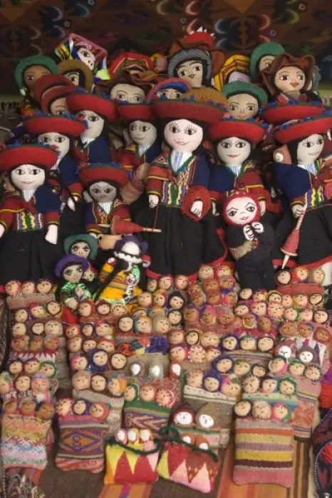 Framed Print : Pin cushion dolls displayed in market, Chinchero (near Cuzco), Peru