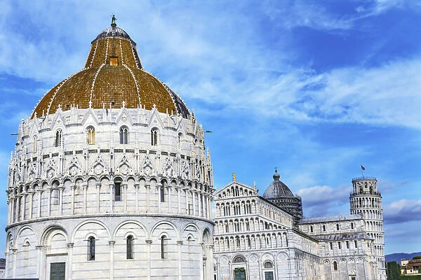 Pisa Baptistery of St. John and Leaning Tower of Pisa, Tuscany Italy. Completed in 1300 s