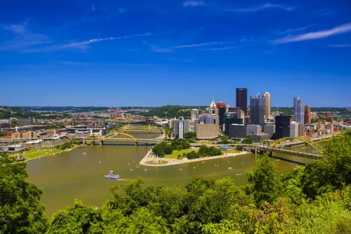 Framed Print : Pittsburgh, Pennsylvania. Aerial view of the city with rivers, bridges, and boats