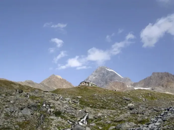 Framed Print : Pizzini hut (2706 m) in the upper Sondrio province, Italy. In the background Framed Print : Pizzini hut (2706 m) in the upper Sondrio province, Italy. In the background