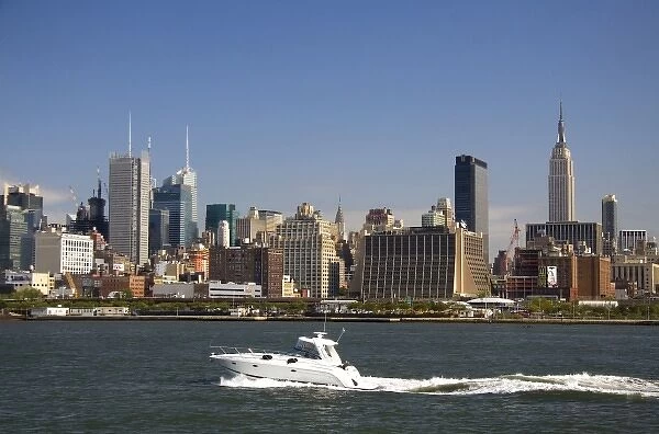 Pleasure boat on the Hudson River and New York City, New York, USA