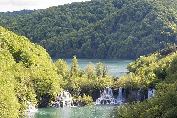 Plitvice National Park cascades step down from lower lake Kozjak to smaller lakes