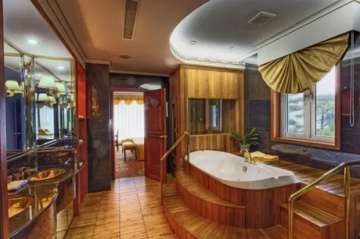 Framed Print : Plush interior of bathroom at hotel on Yellow Mountain, China