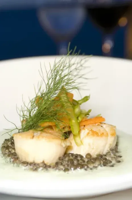 Framed Print : Poelee de St Jacques (seared sea scallops with asparagus and risotto) caribbean Framed Print : Poelee de St Jacques (seared sea scallops with asparagus and risotto) caribbean