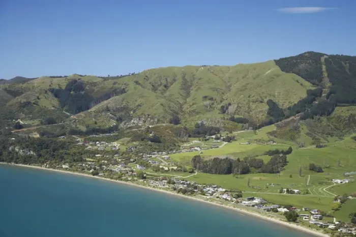 Framed Print : Pohara, near Takaka, Golden Bay, Nelson Region, South Island, New Zealand - aerial