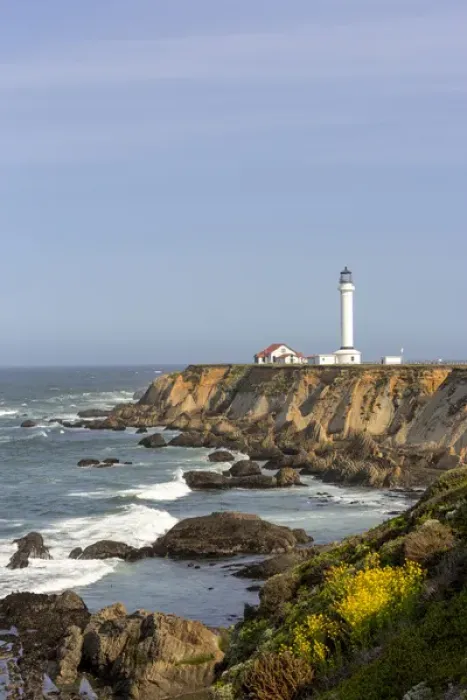Framed Print : Point Arena lighthouse on cliffs over the Pacific Ocean near Point Arena, California, USA