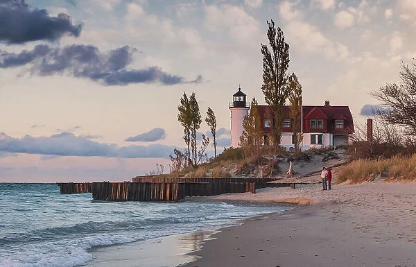 Point Betsie Lighthouse at sunset coast of Lake Michigan