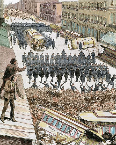 Police officers dispersing the strike of employees of Streetcar in New York, March 4, 1886
