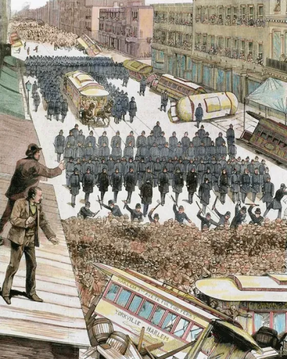 Framed Print : Police officers dispersing the strike of employees of Streetcar in New York, March 4, 1886 Framed Print : Police officers dispersing the strike of employees of Streetcar in New York, March 4, 1886