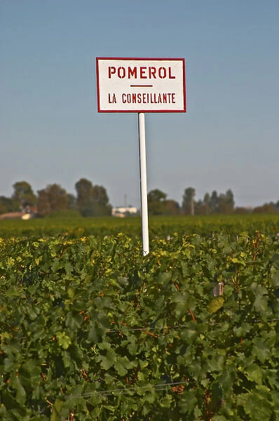 Pomerol - a sign for La Conseillante Chateau and vineyard