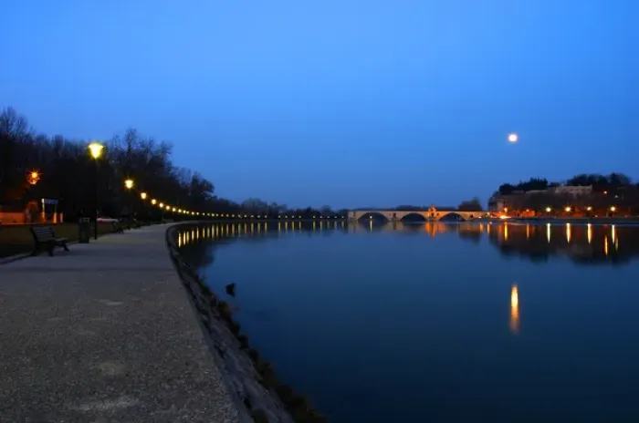 Framed Print : The Pont Saint St Benezet bridge in Avignon on the Rhone at sunset with moon and the river bank Framed Print : The Pont Saint St Benezet bridge in Avignon on the Rhone at sunset with moon and the river bank