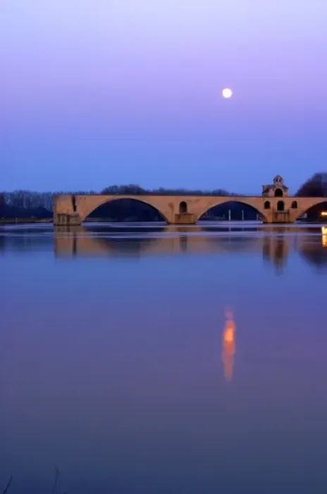 Framed Print : The Pont St. Benezet bridge in Avignon on the Rhone at sunset with moon, Vaucluse