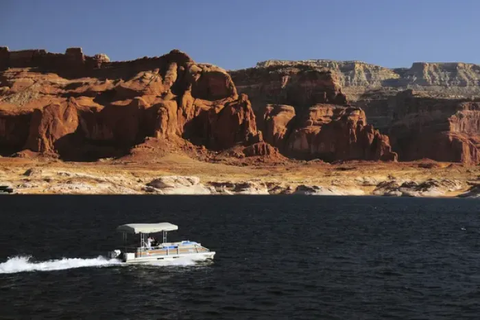 Framed Print : Pontoon Boat on Lake Powell; Glen Canyon National Recreation Area; Page; Arizona; USA