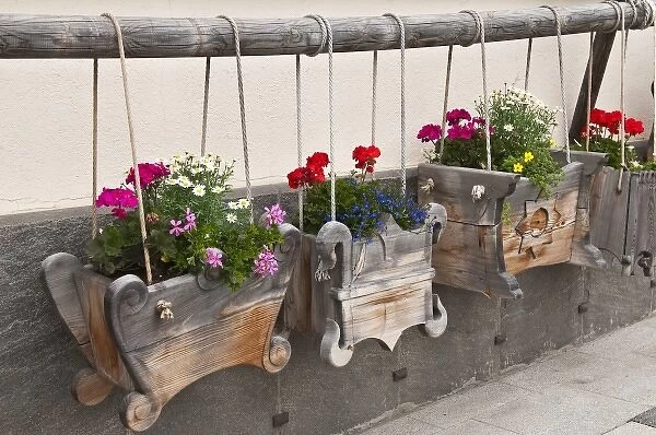 Pontresina, Switzerland. Wooden window flower boxes