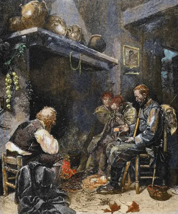 Framed Print : Poor family at home. Early nineteenth century. Colored engraving Framed Print : Poor family at home. Early nineteenth century. Colored engraving